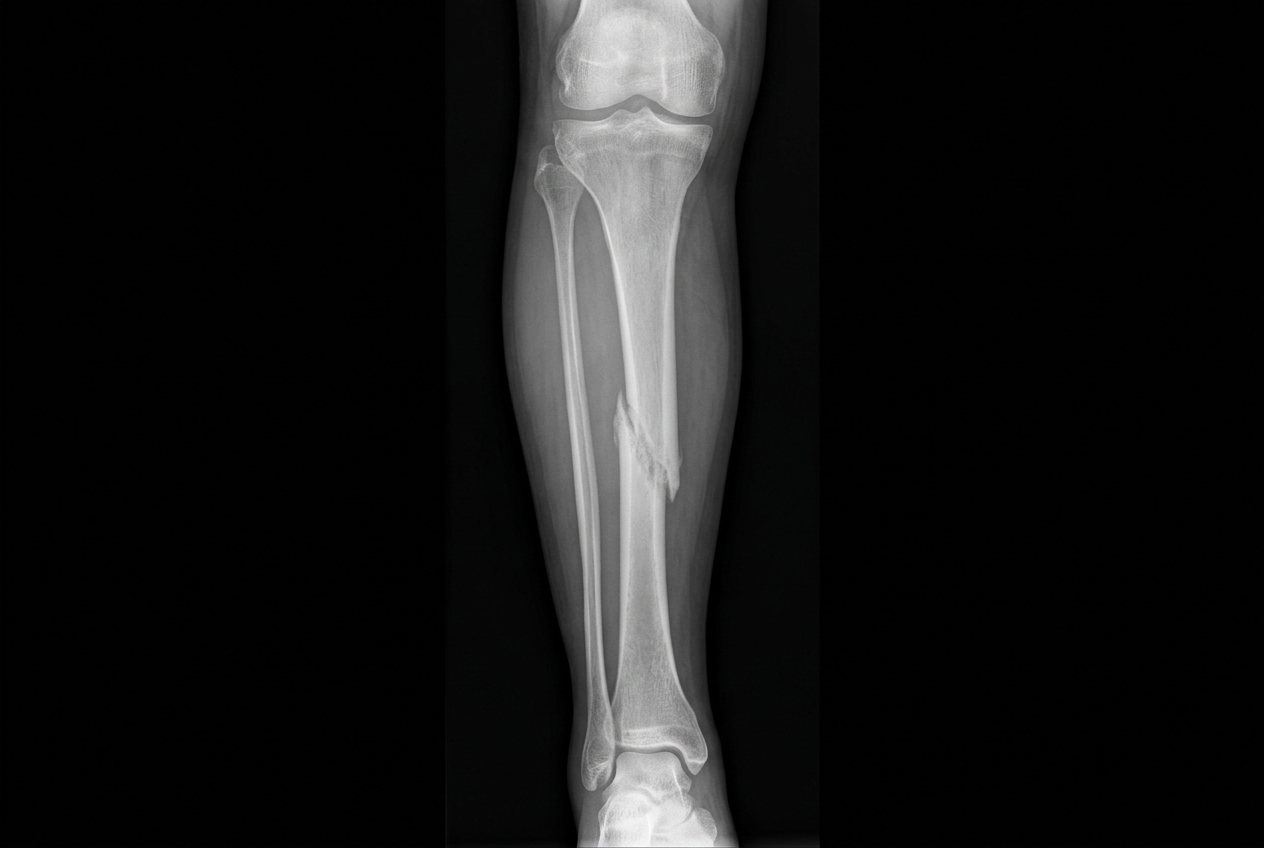 Full-length X-ray of the tibia and fibula showing a healed shaft fracture with angulation of the bone