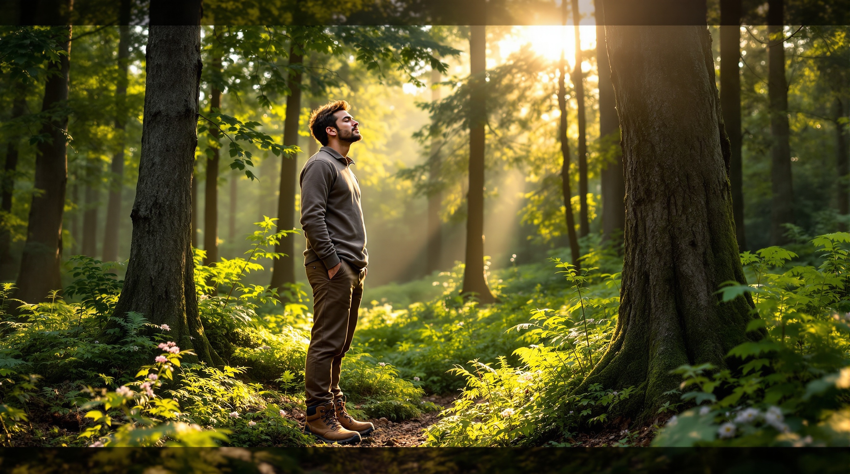 Čovek stoji u prirodi okružen šumom i sunčevom svetlošću, simbol ravnoteže između tehnologije i ljudske prirode