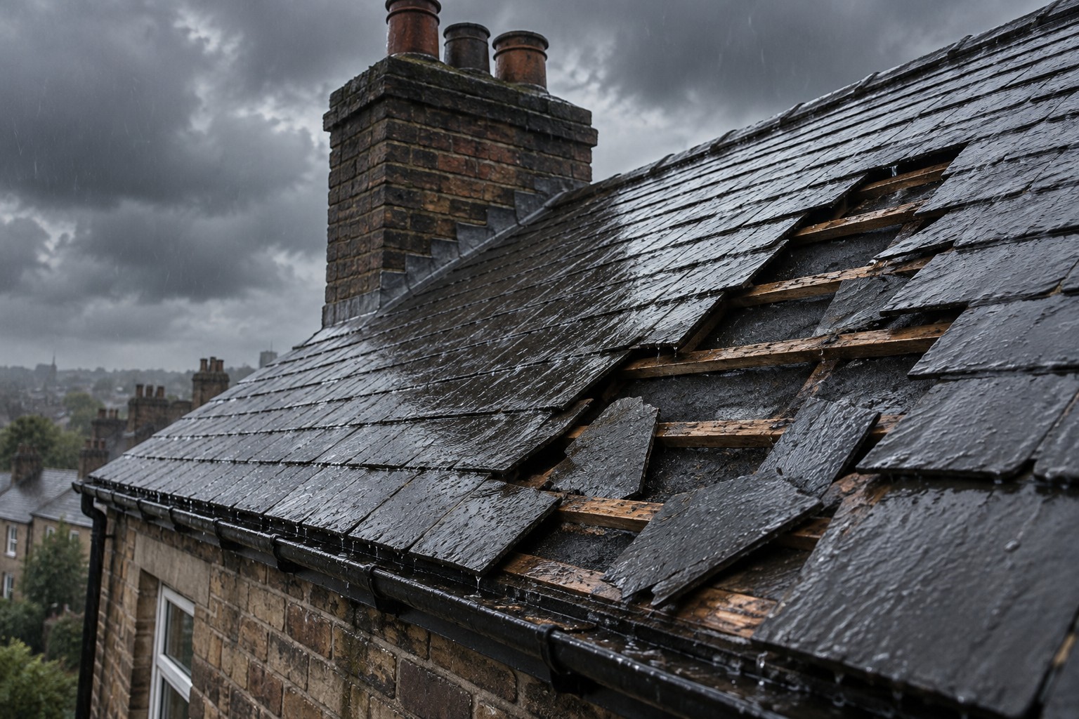 Storm-damaged slate roof with missing slates