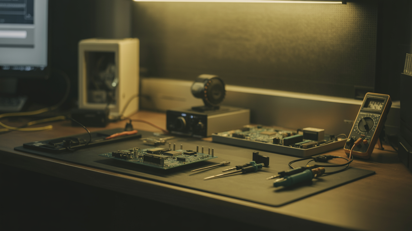 Professional computer repair workstation with golden lighting at RJ Infotech