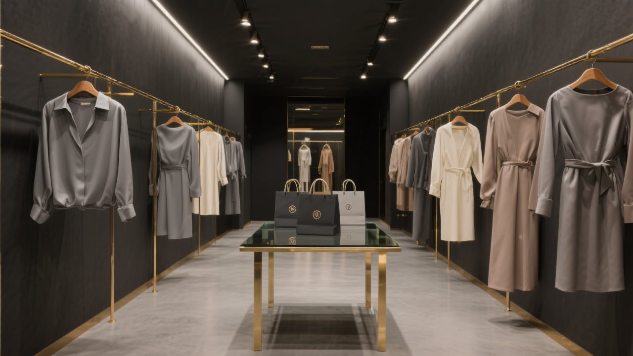 Interior de boutique elegante com araras de roupas e mesa de vidro com sacolas