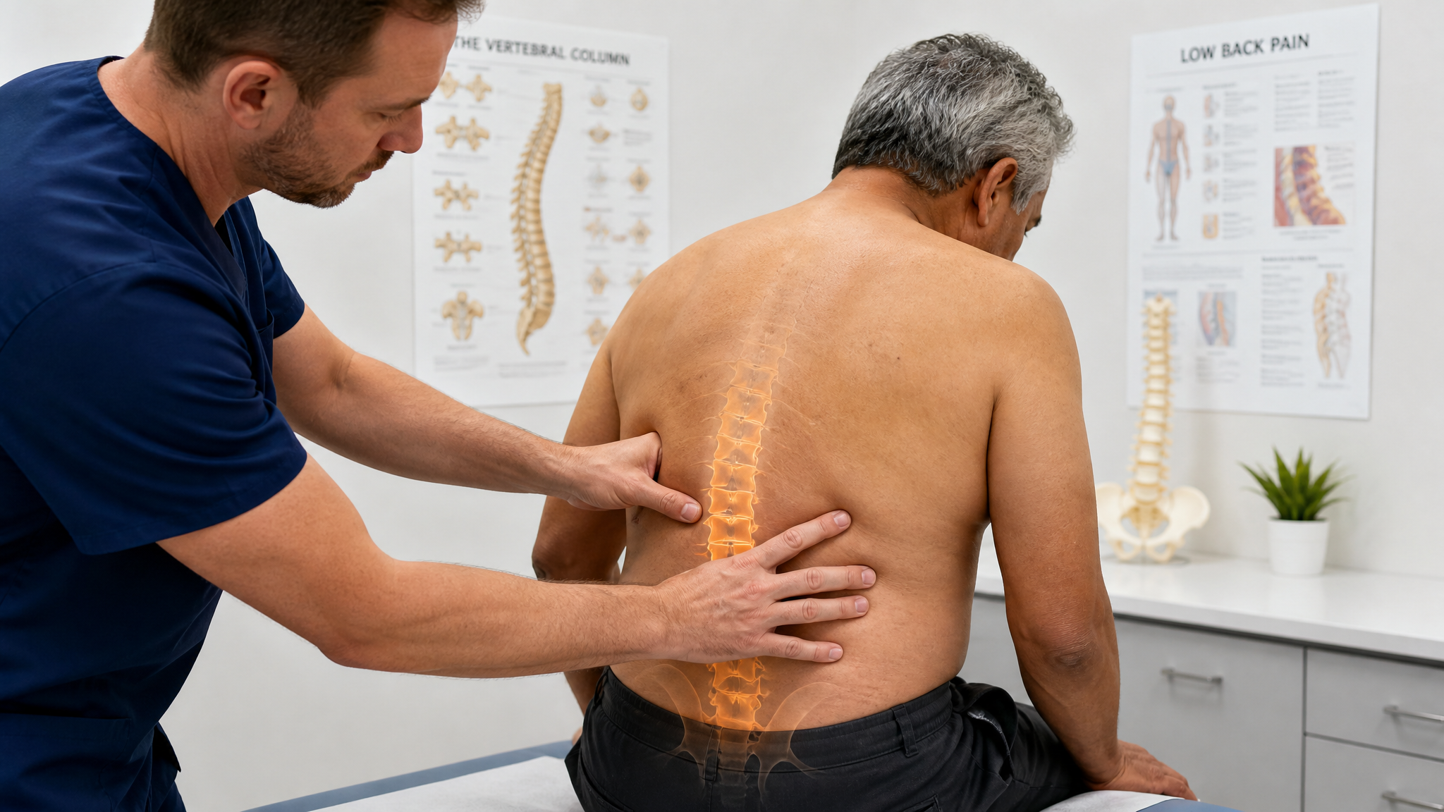 Clinician palpating a Hispanic man's lumbar paraspinal muscles with an overlay showing a reversed lordosis and lateral list