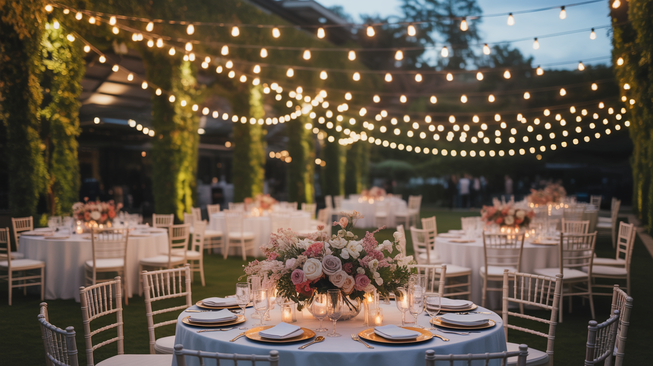 Elegant outdoor garden party with string lights