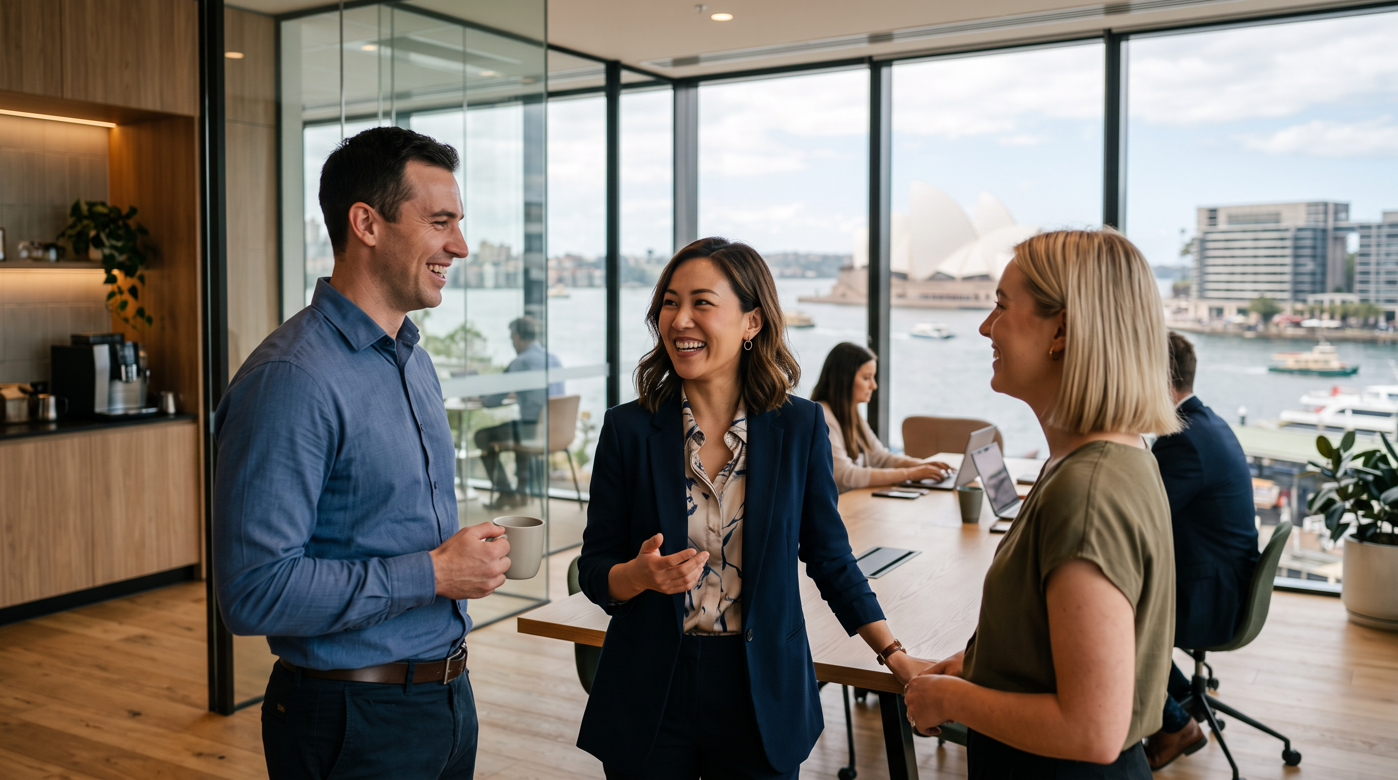 A Hong Kong-background professional woman talking with colleagues in a Sydney office overlooking the harbour