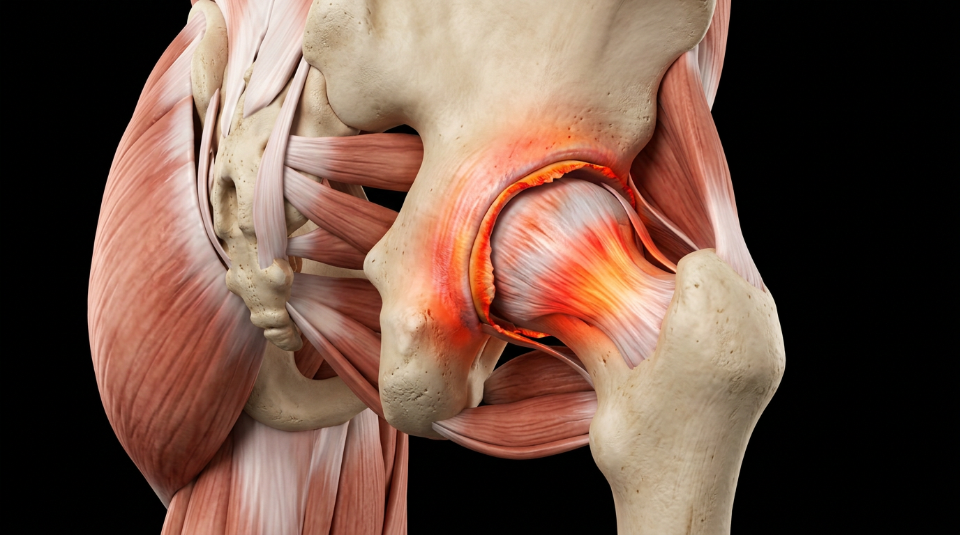 3D anatomical illustration of the hip joint showing the femoral head seated in the acetabulum with the joint capsule and labrum highlighted in red-orange inflammation on a black background