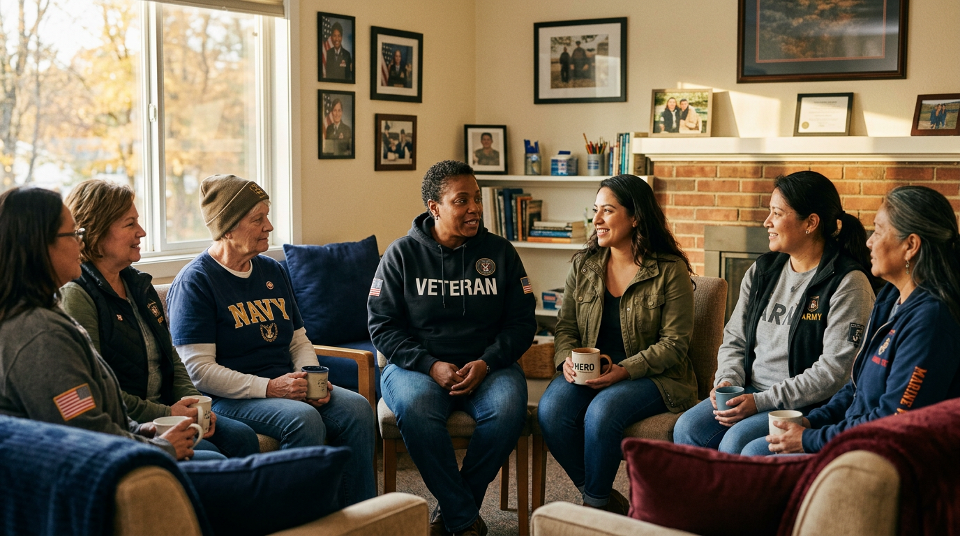 Diverse group of women veterans in a supportive peer circle