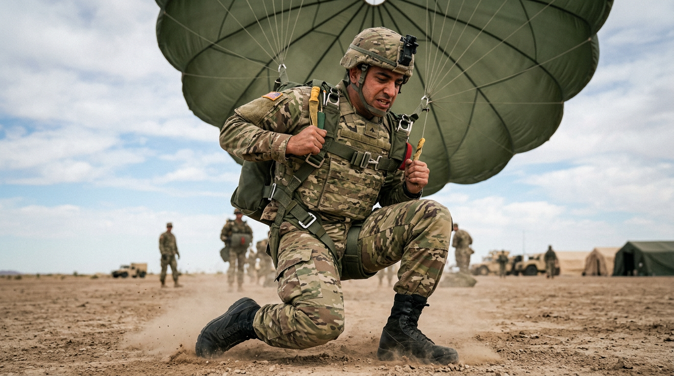 A Middle Eastern man paratrooper in his early thirties at the moment of a hard parachute landing fall in full kit, knees and spine absorbing the vertical impact, axial compression through the lower back