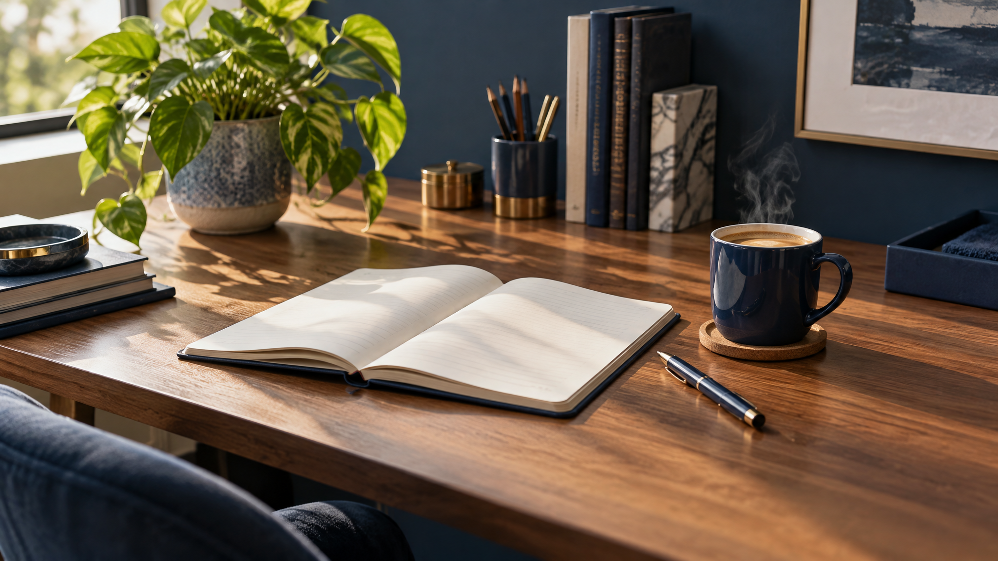 Mesa organizada com caderno aberto, xícara de café e planta em luz natural