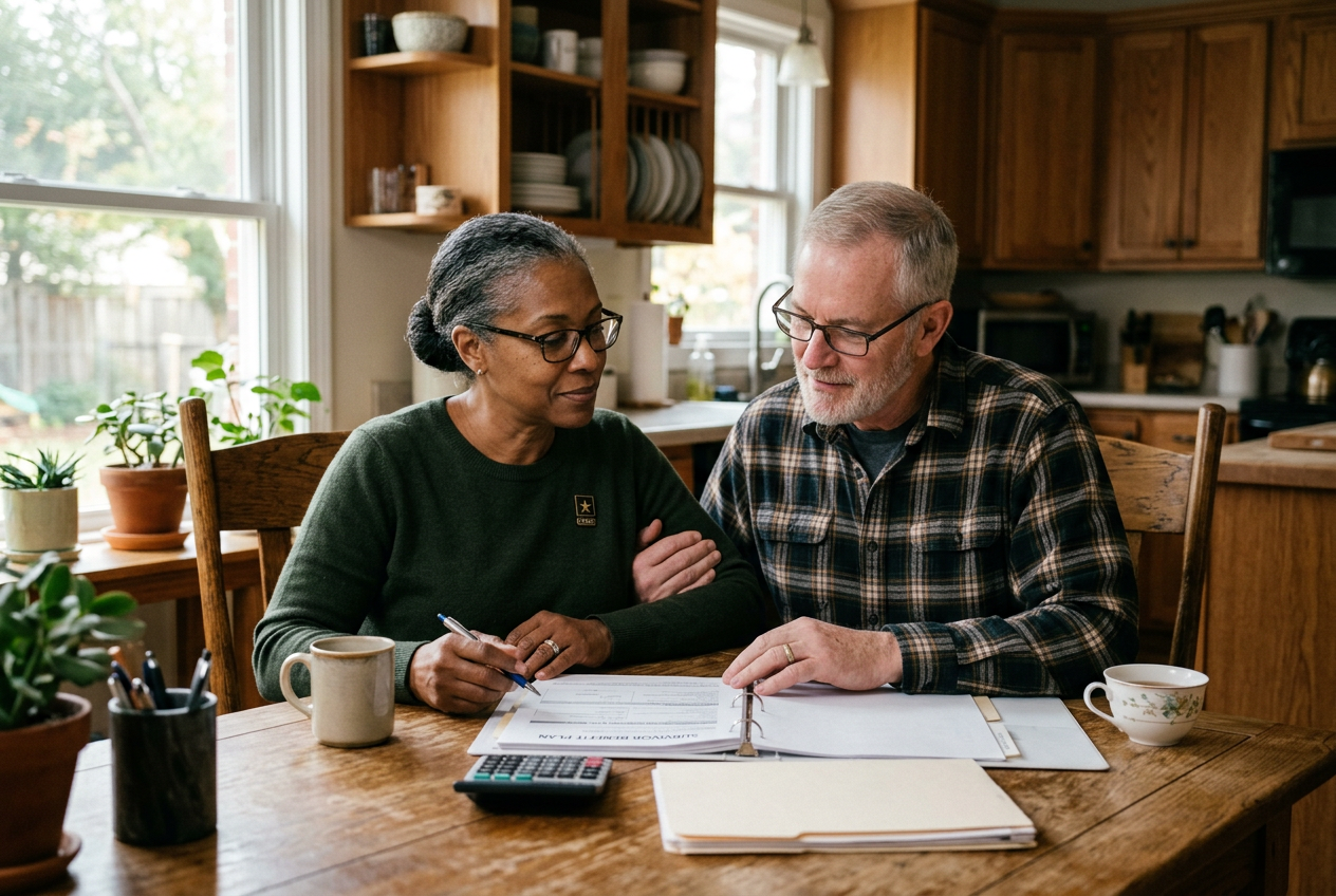 A military veteran couple reviewing important documents together at the kitchen table