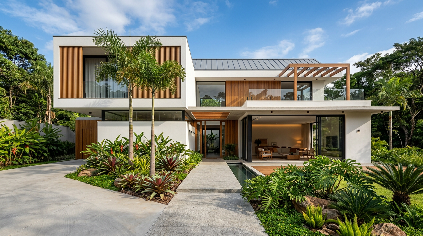 Arquitetura residencial moderna com linhas contemporâneas e paisagismo tropical