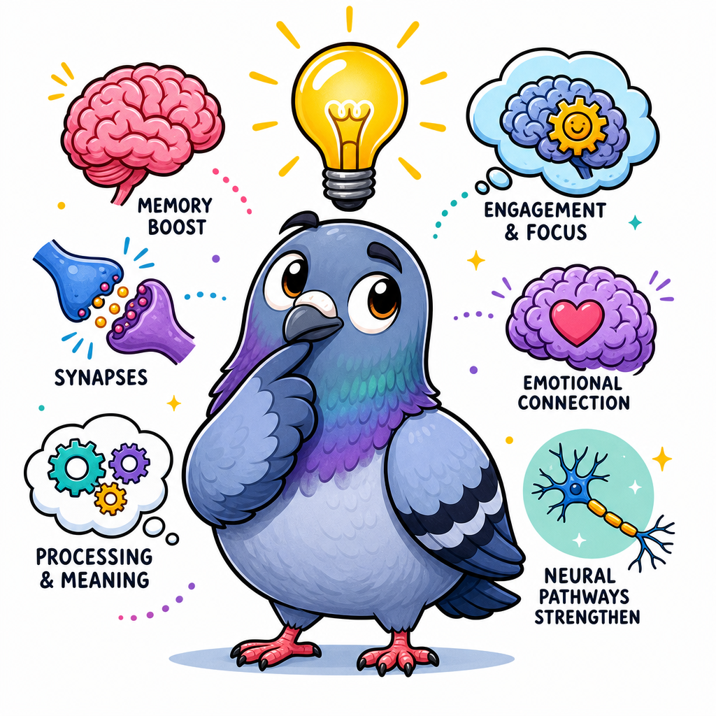 Pigeon character with a glowing brain surrounded by neural connections and colorful sticker icons