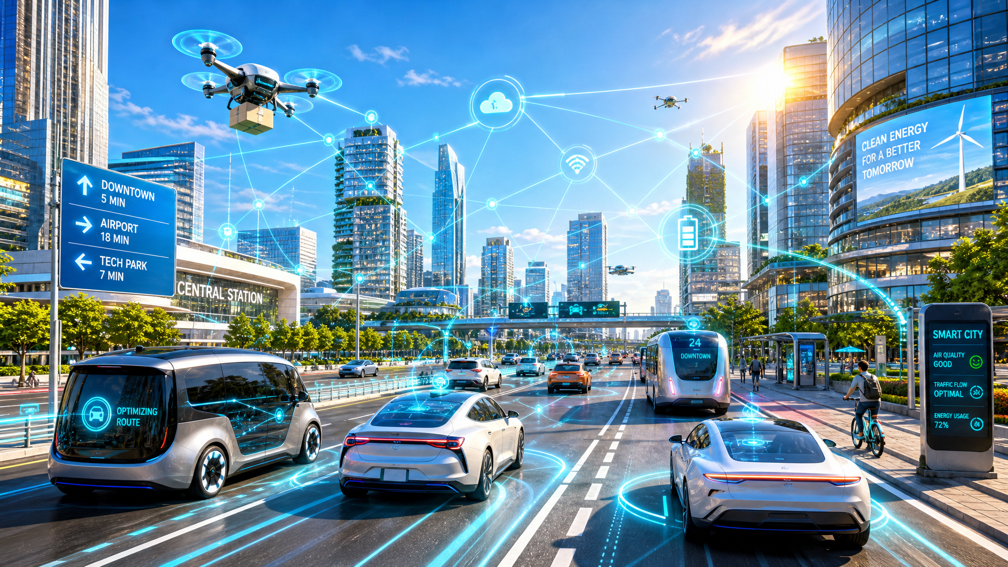 Vibrant daytime smart-city scene with multiple connected vehicles linked by glowing data streams