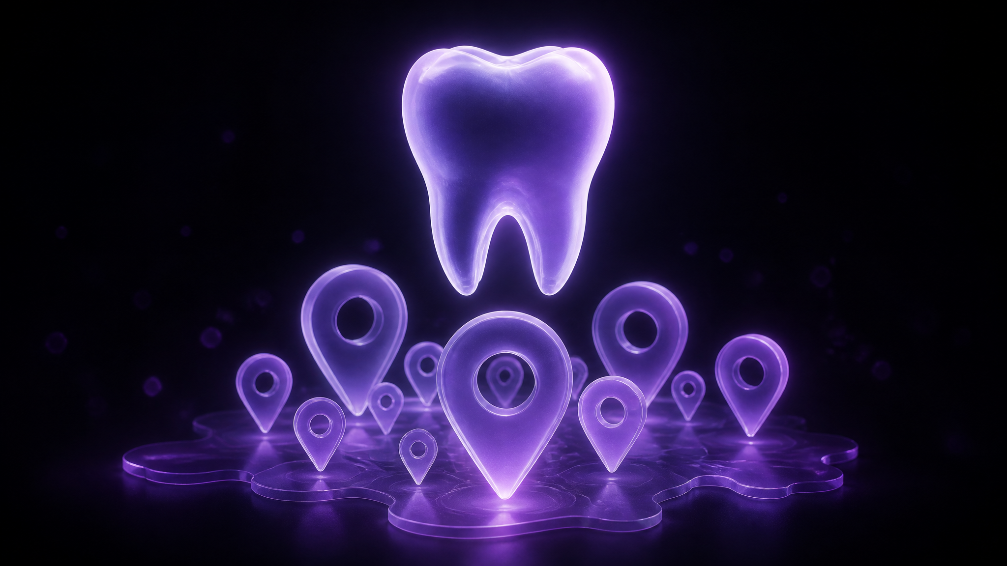 A frosted-glass glowing tooth above a translucent cluster of violet map pins, floating in the dark