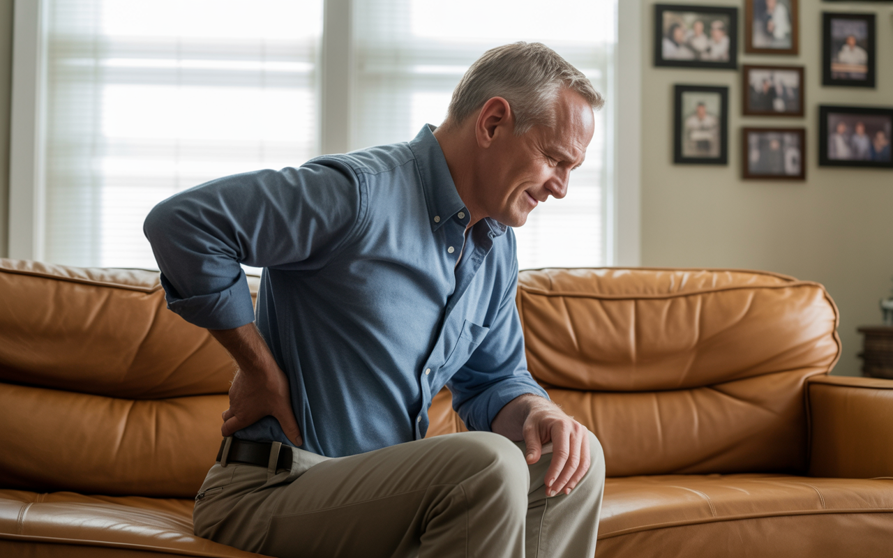 A veteran at home holding their lower back in discomfort, showing one condition leading to another