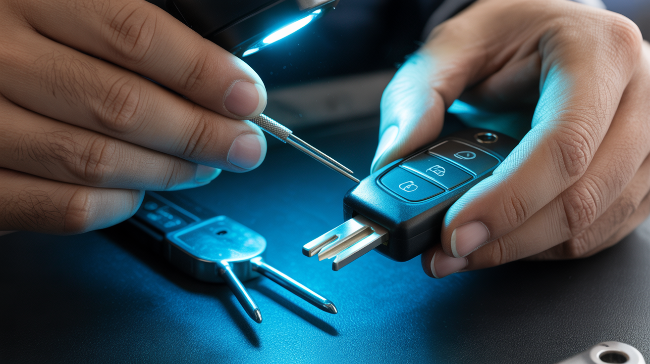 Close-up of precision car remote key repair process