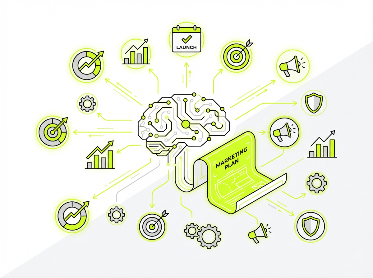 AI neural network generating a comprehensive marketing plan with charts and strategy elements