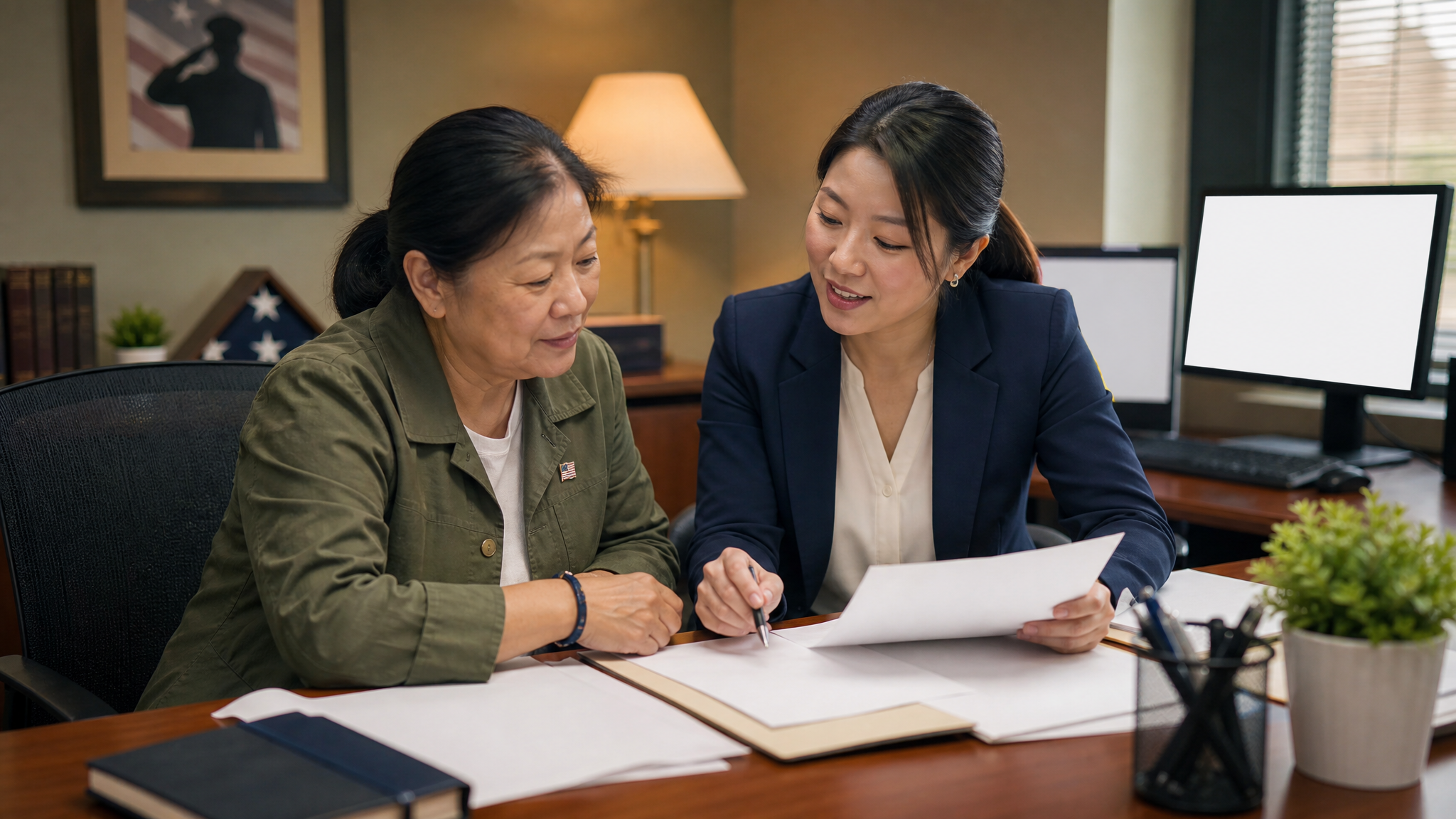 East Asian female veteran reviewing documents with advocate in professional office