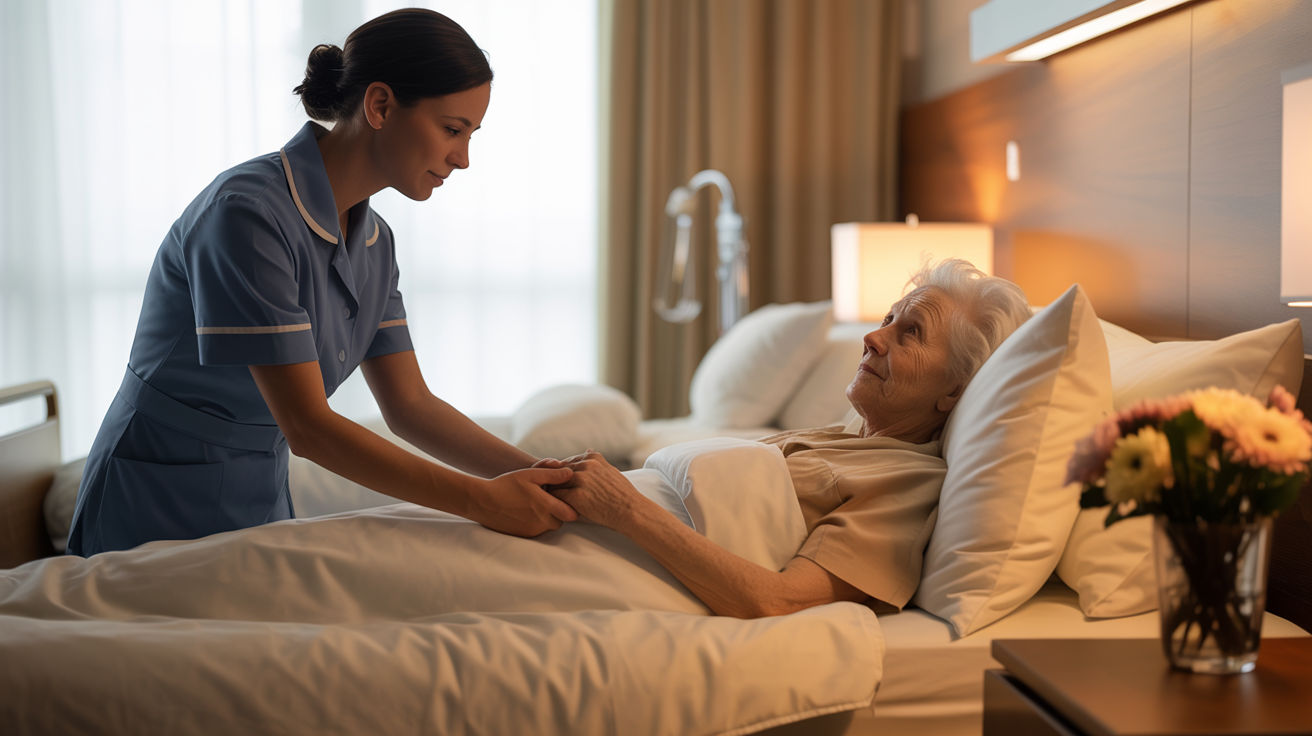 Enfermeira atendendo paciente acamado com cuidado e compaixão