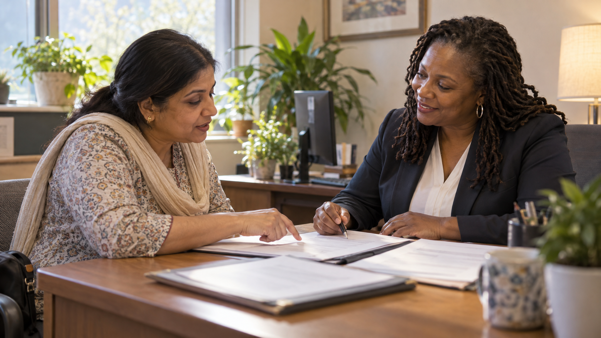 A caregiver reviewing paperwork with a VA caregiver support coordinator in her office