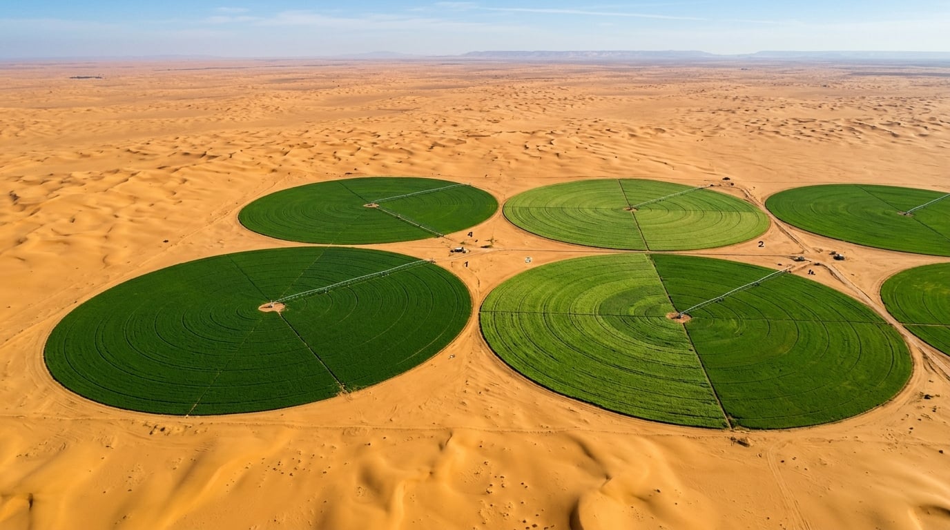 Aerial view of green circular center-pivot irrigation farms in the Sahara desert
