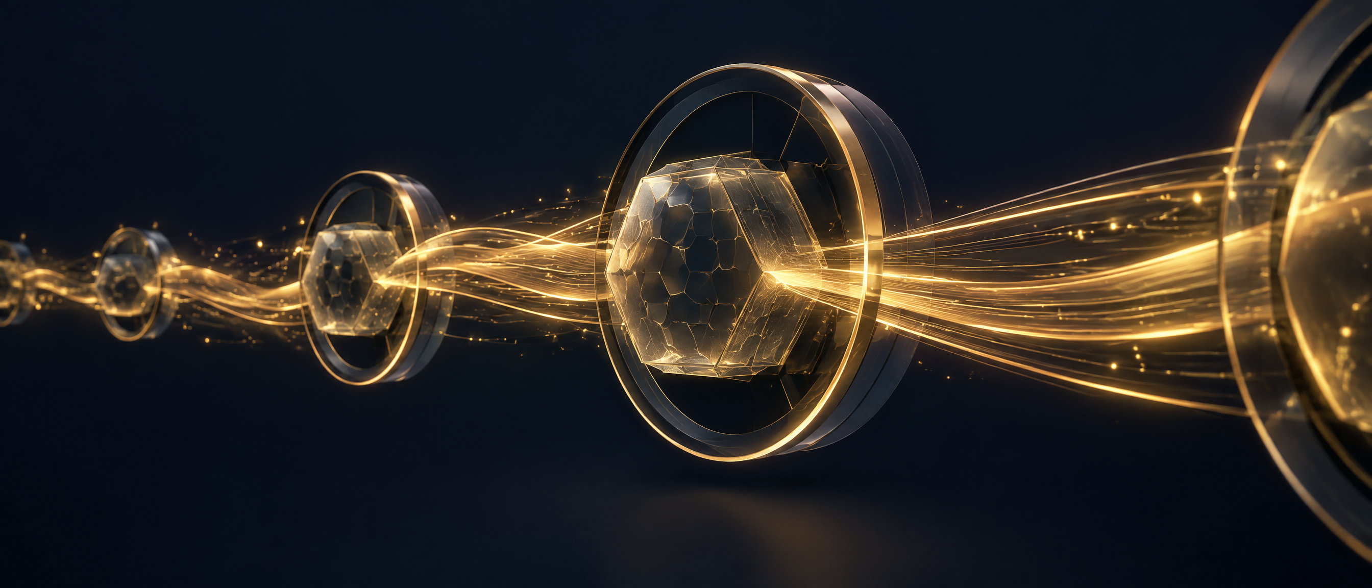 Abstract navy and gold data streams through protective rings representing data processing agreements for GCCs