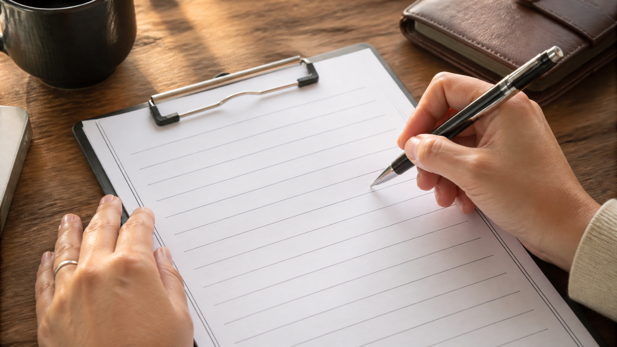 Close-up of hands holding pen over blank form on desk, representing stressor statement preparation