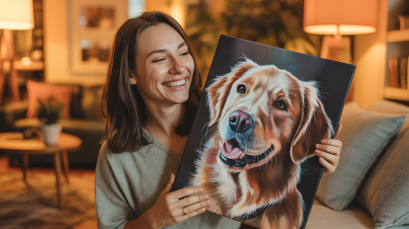 Happy pet owner holding a custom painted portrait of their beloved dog