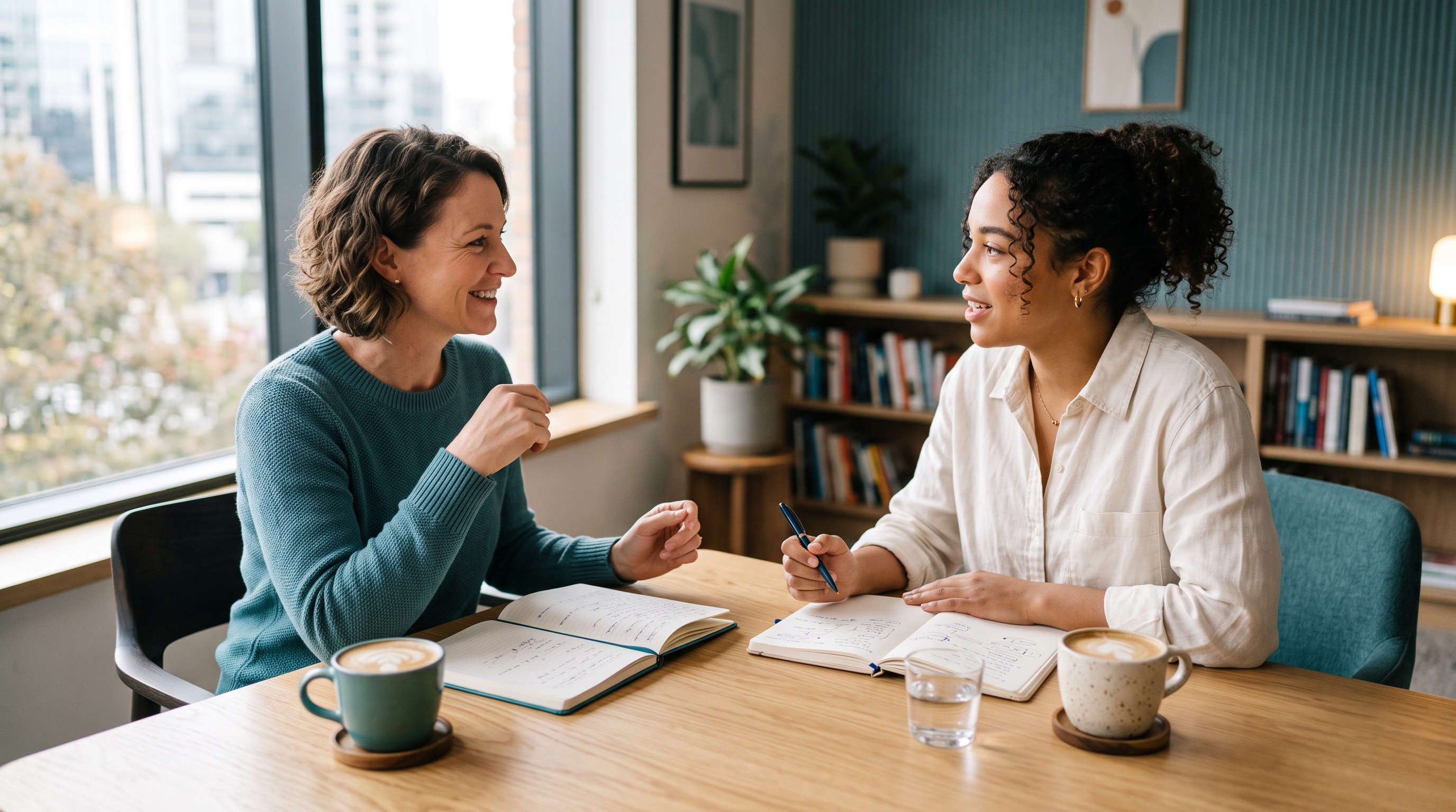 A warm one-on-one coaching conversation across a table with notebooks and coffee