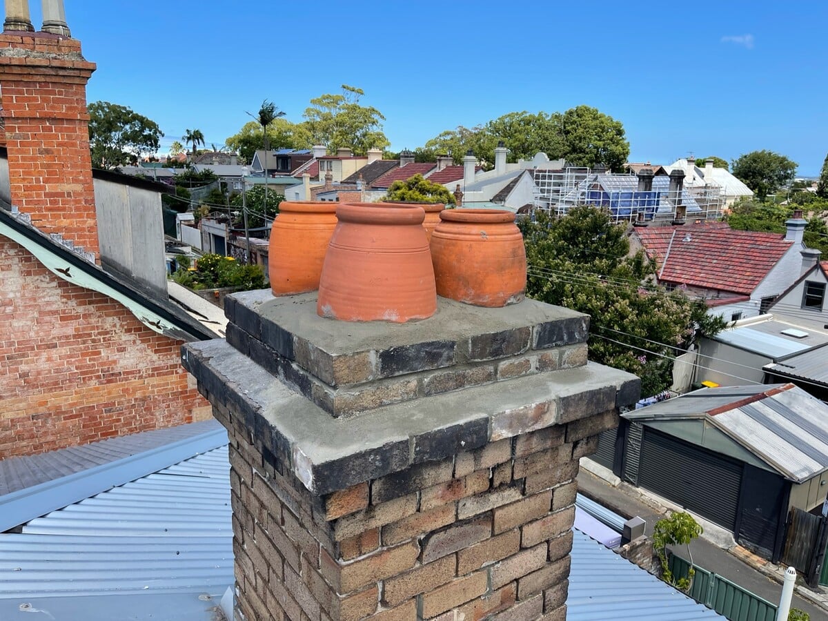 Chimney pots and cowls on a British chimney stack