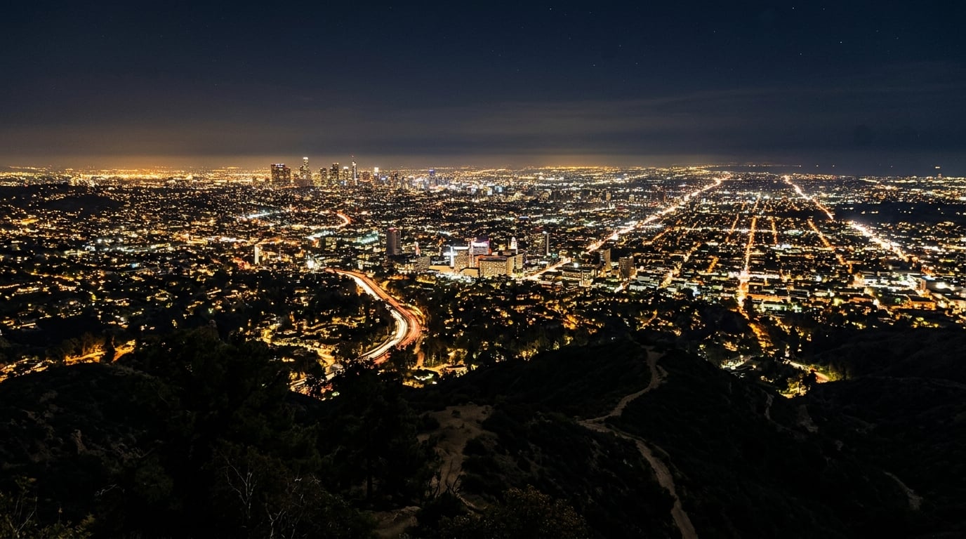 The Los Angeles city grid glowing like a network of connections at night