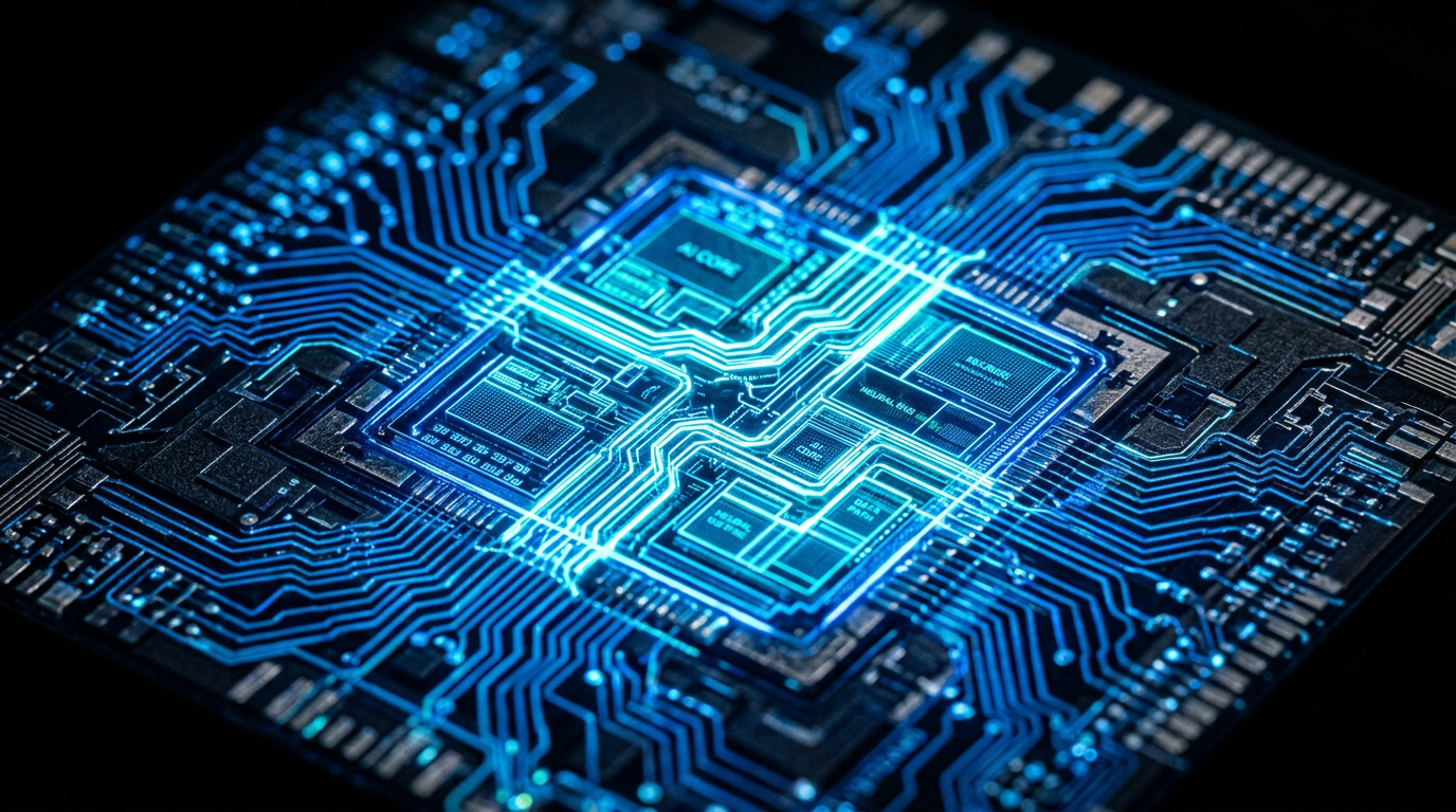 Futuristic AI processor chip with glowing blue circuits, macro photography