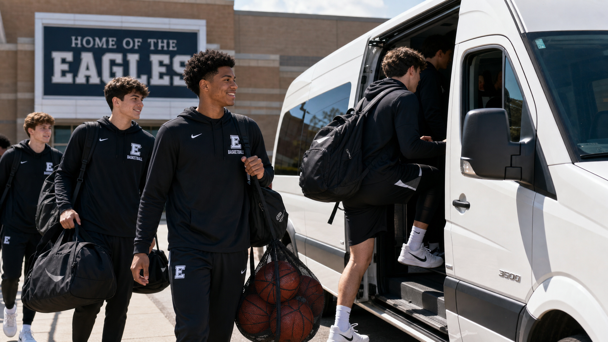 Athletic team boarding a shuttle van with sports equipment