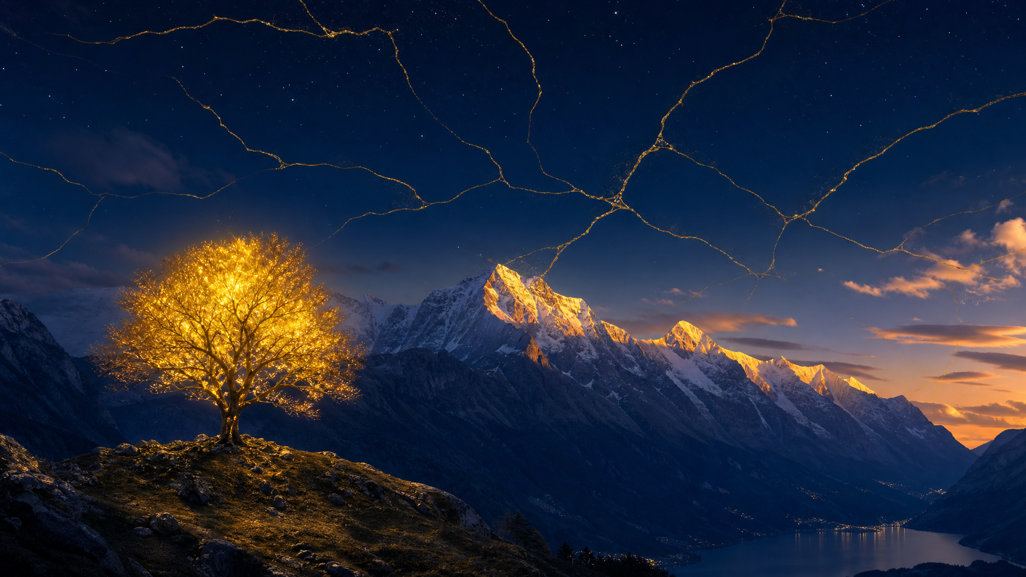 Paesaggio montano svizzero al crepuscolo con albero dorato luminoso