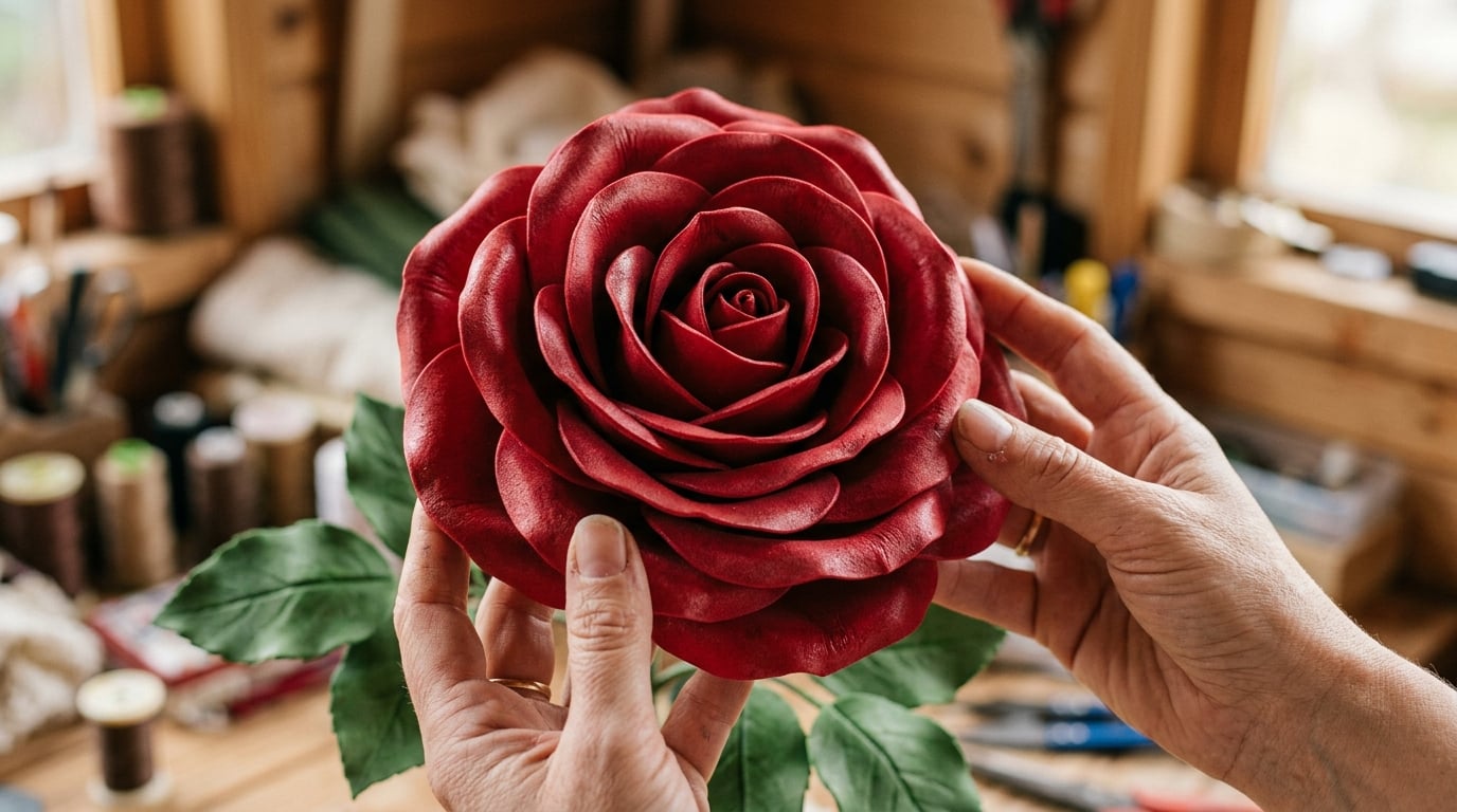 Close-up of a finished giant foam rose bloom held in two hands