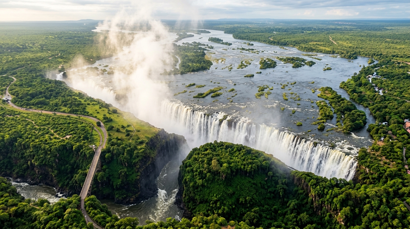 Victoria Falls at full flood with a huge spray cloud rising over the gorge