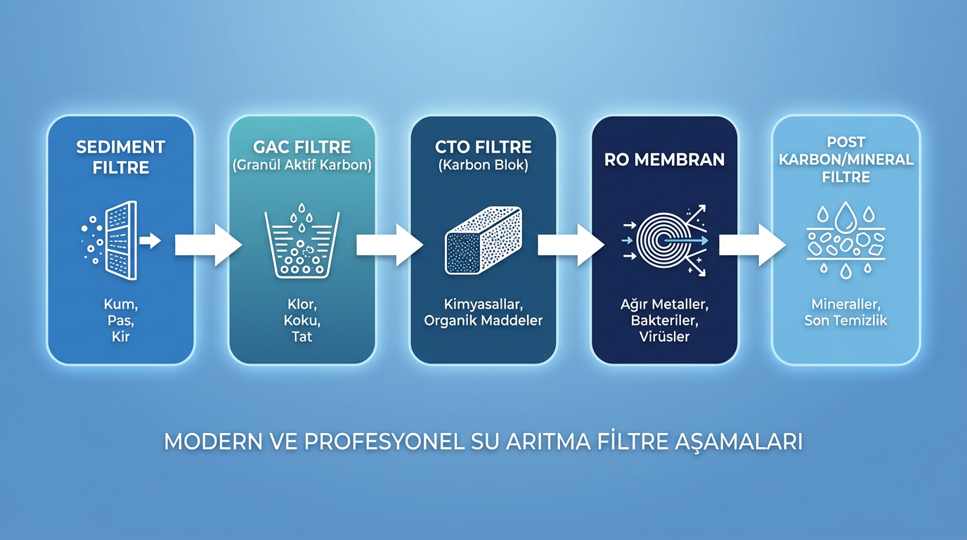 Su arıtma cihazı filtre aşamaları diyagramı