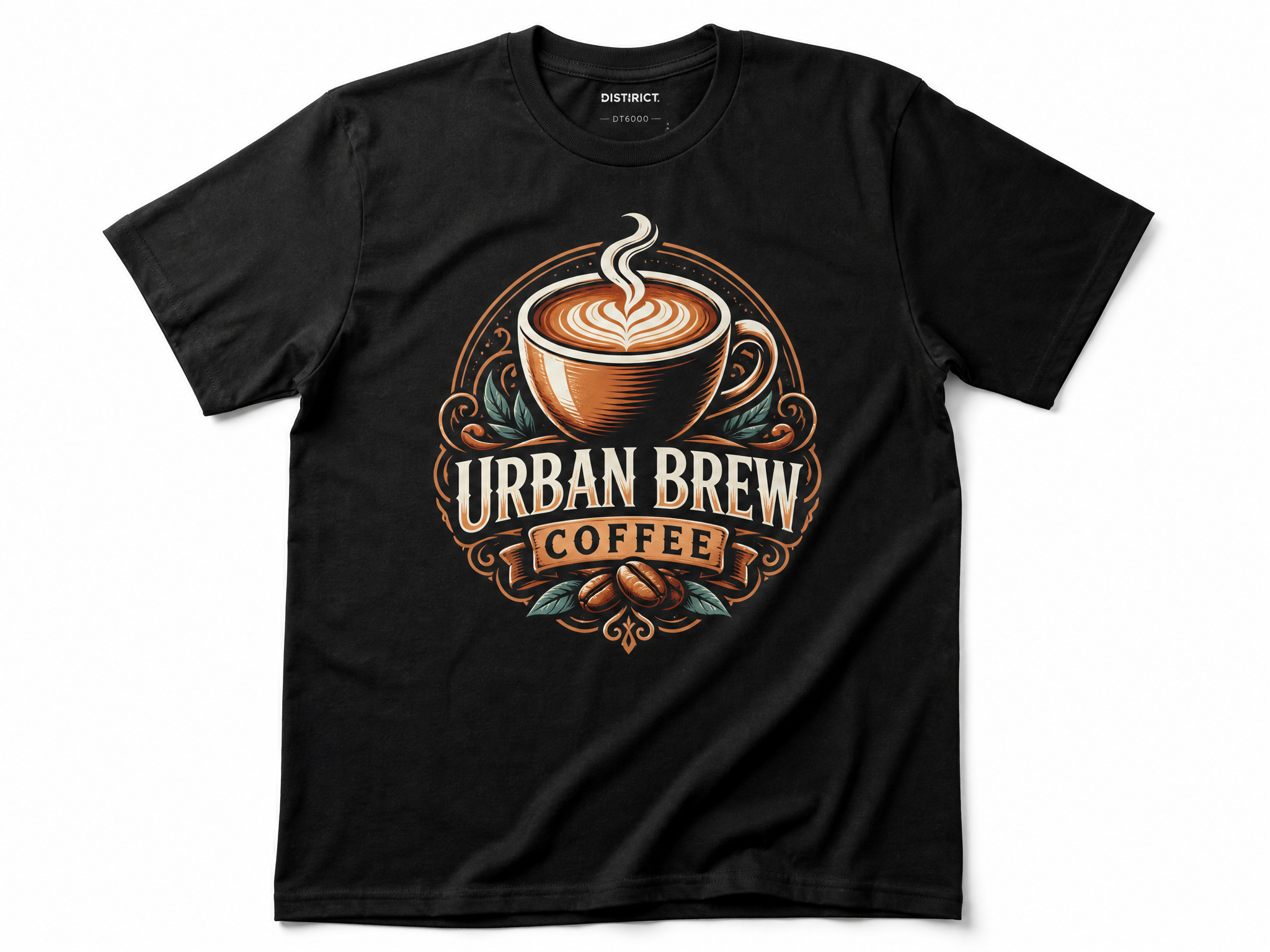 Black t-shirt with full-color coffee shop DTF logo