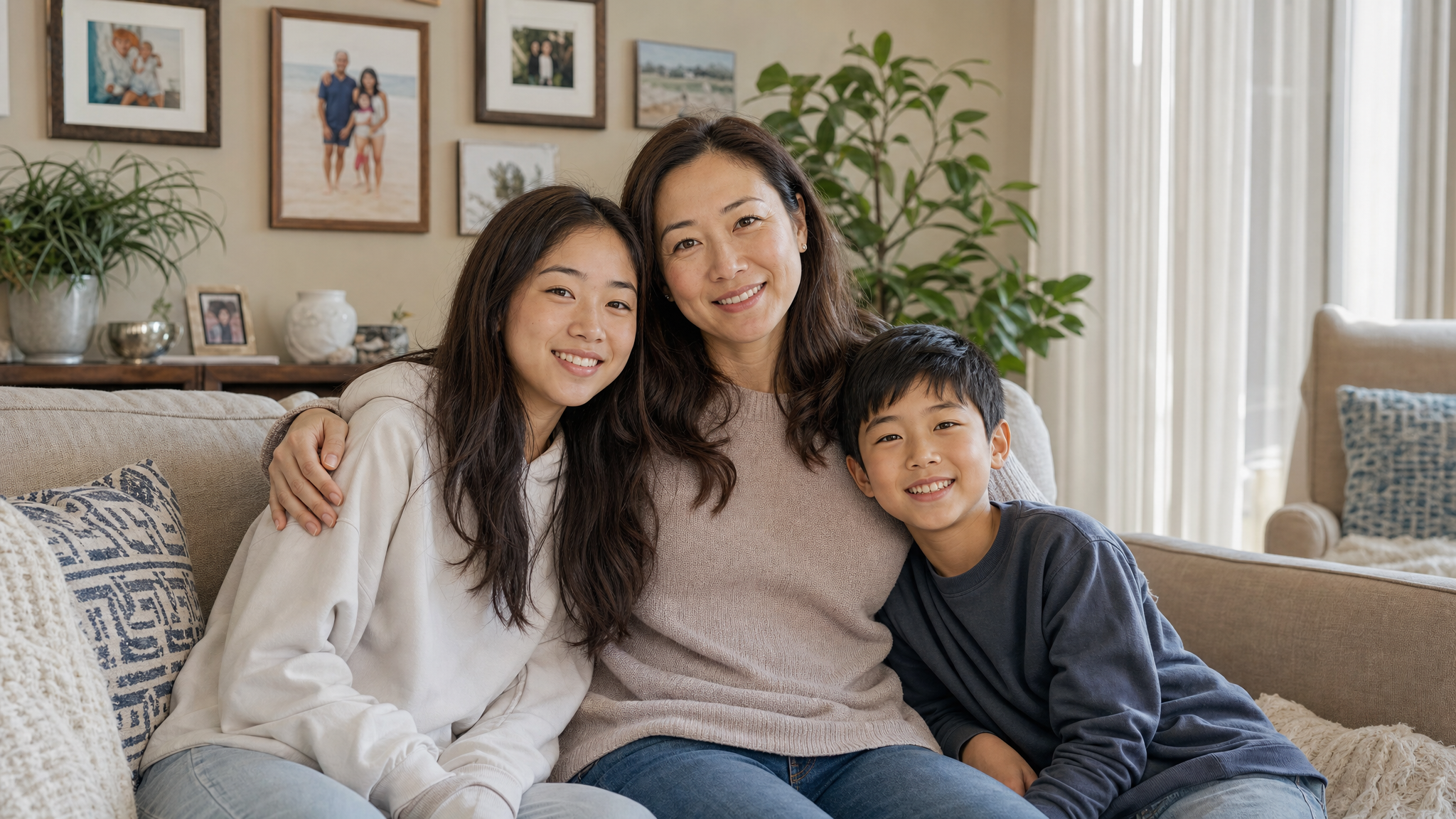 A surviving spouse at home with her two children, supported and moving forward