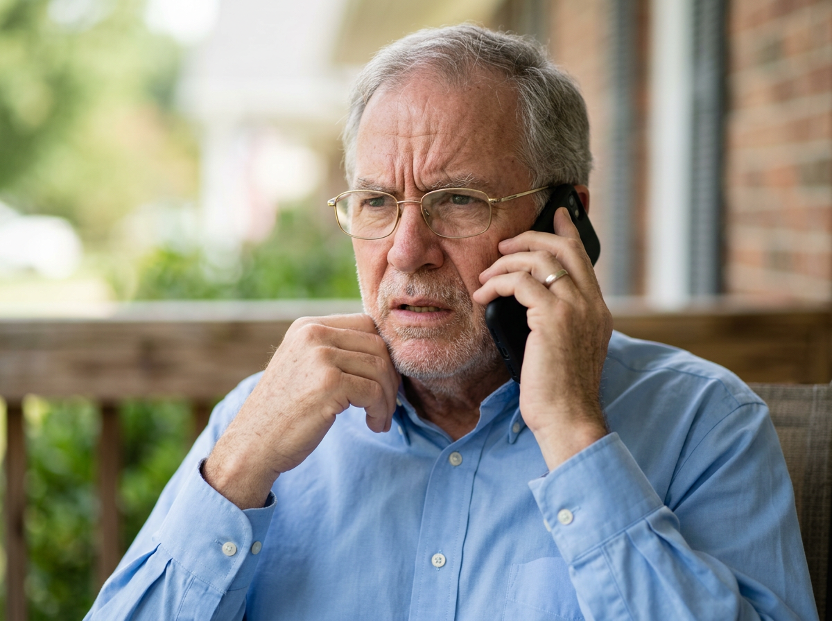 An older man holding a cell phone to his ear with a strained expression, clearly struggling to hear the caller