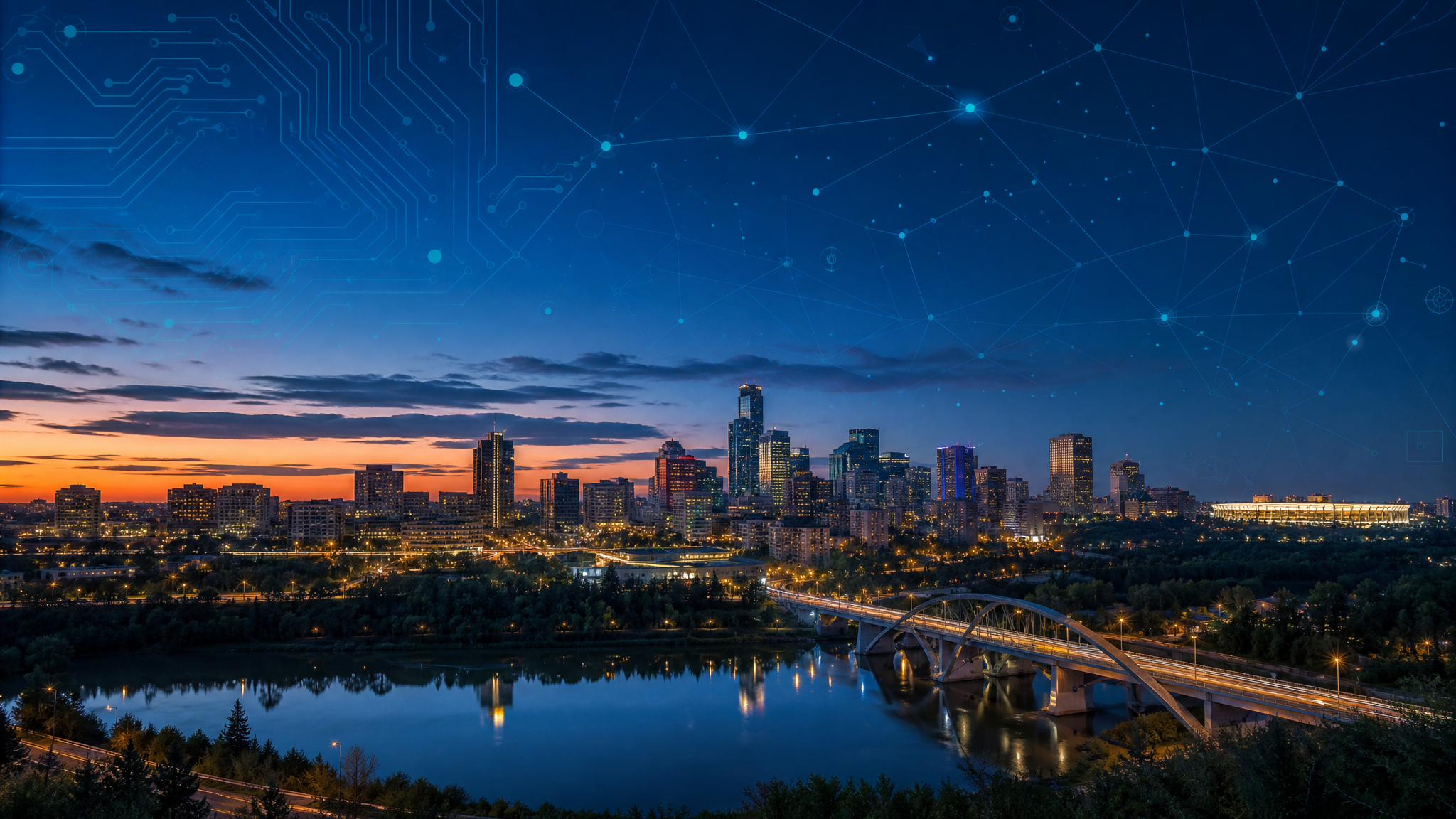Edmonton skyline with digital AI overlay