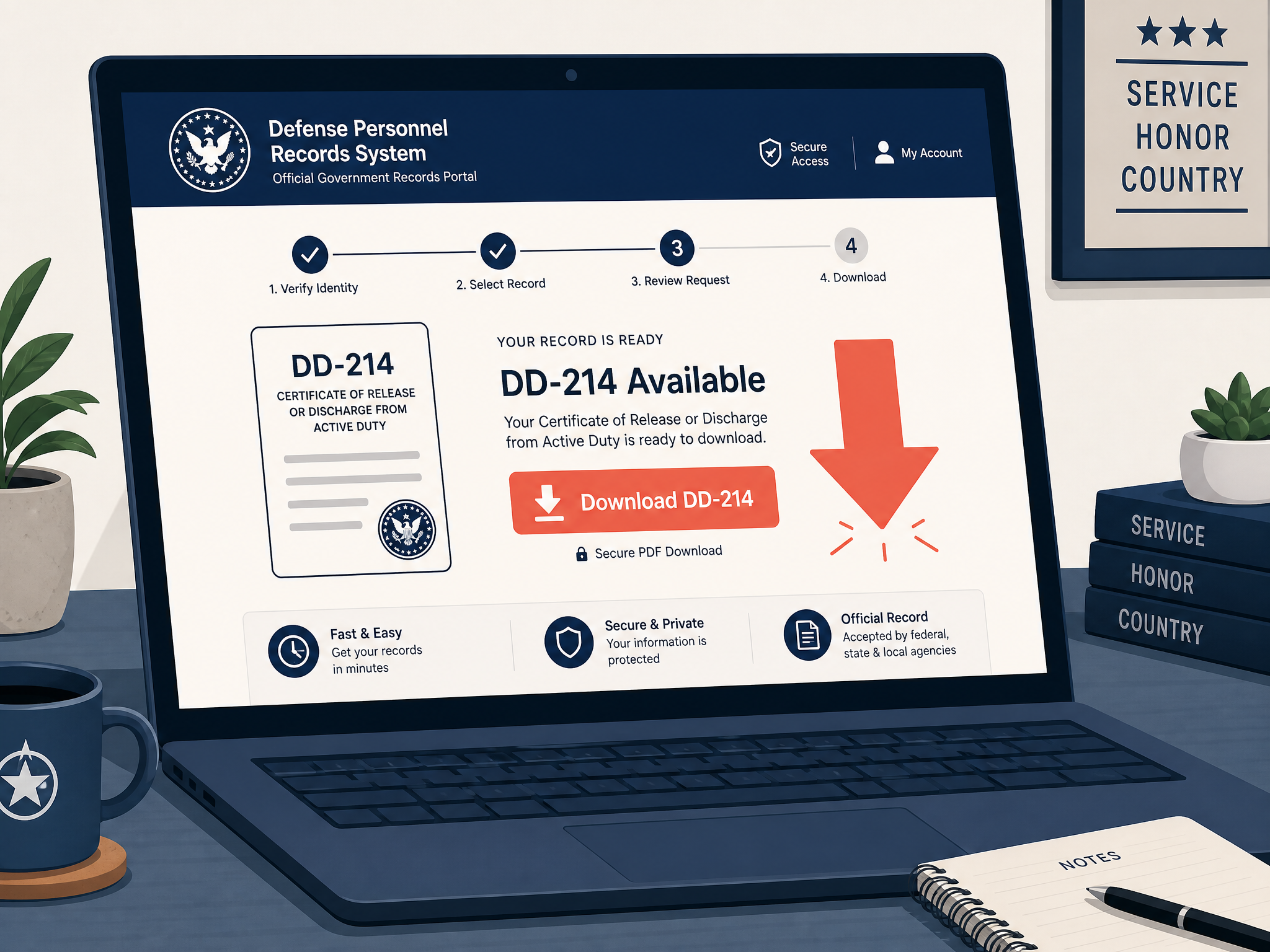 Illustration of a laptop showing the milConnect / eVetRecs records portal with a DD-214 ready to download and a cursor on the download button - requesting records online