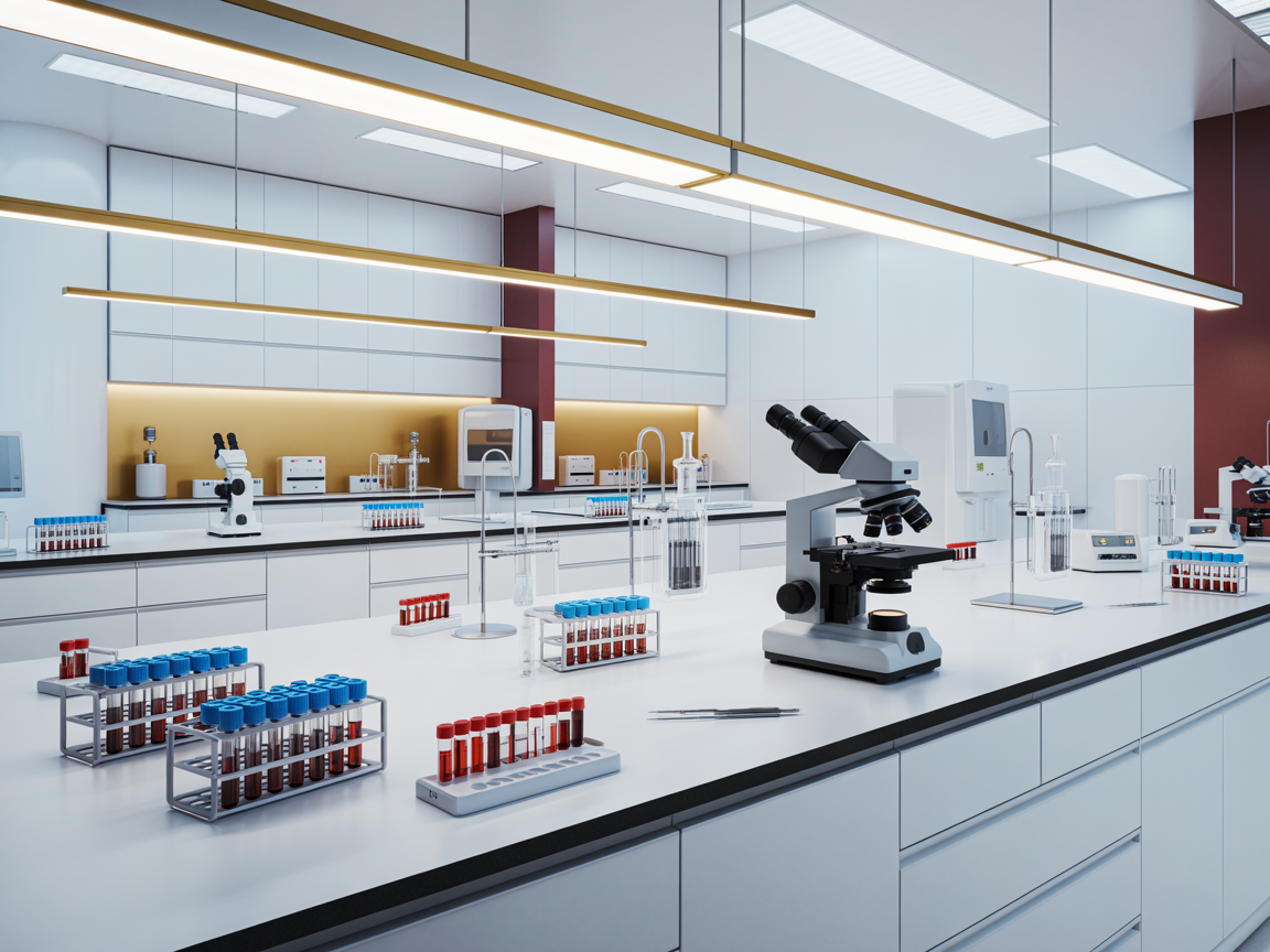 Modern diagnostic laboratory with test tubes, microscope, and professional equipment