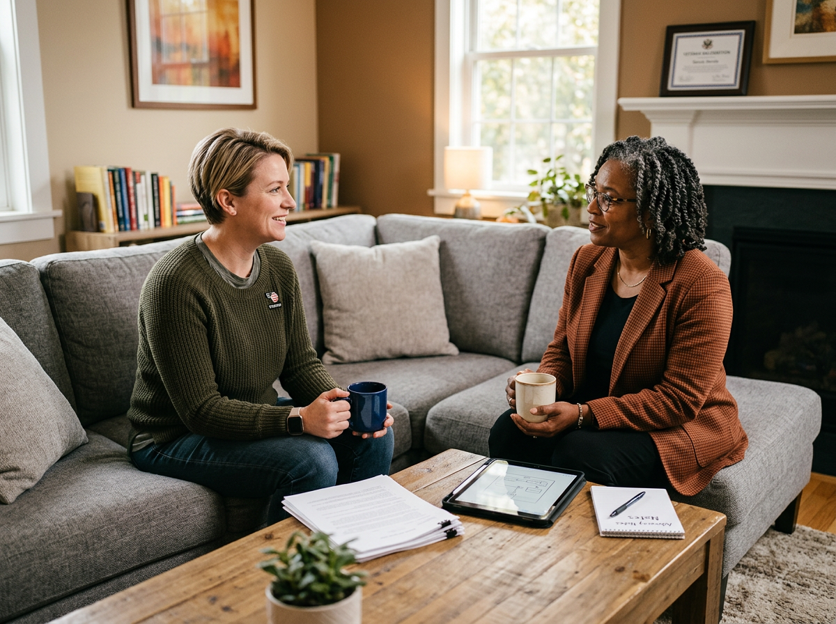 A VA-accredited claims advocate helping a woman veteran with her disability claim