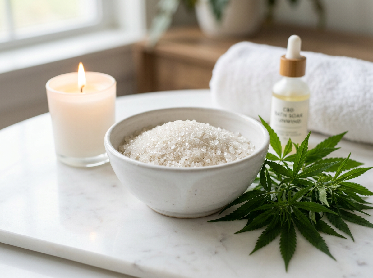 CBD bath soak crystals in a ceramic bowl with hemp leaves on white marble — natural hemp relaxation