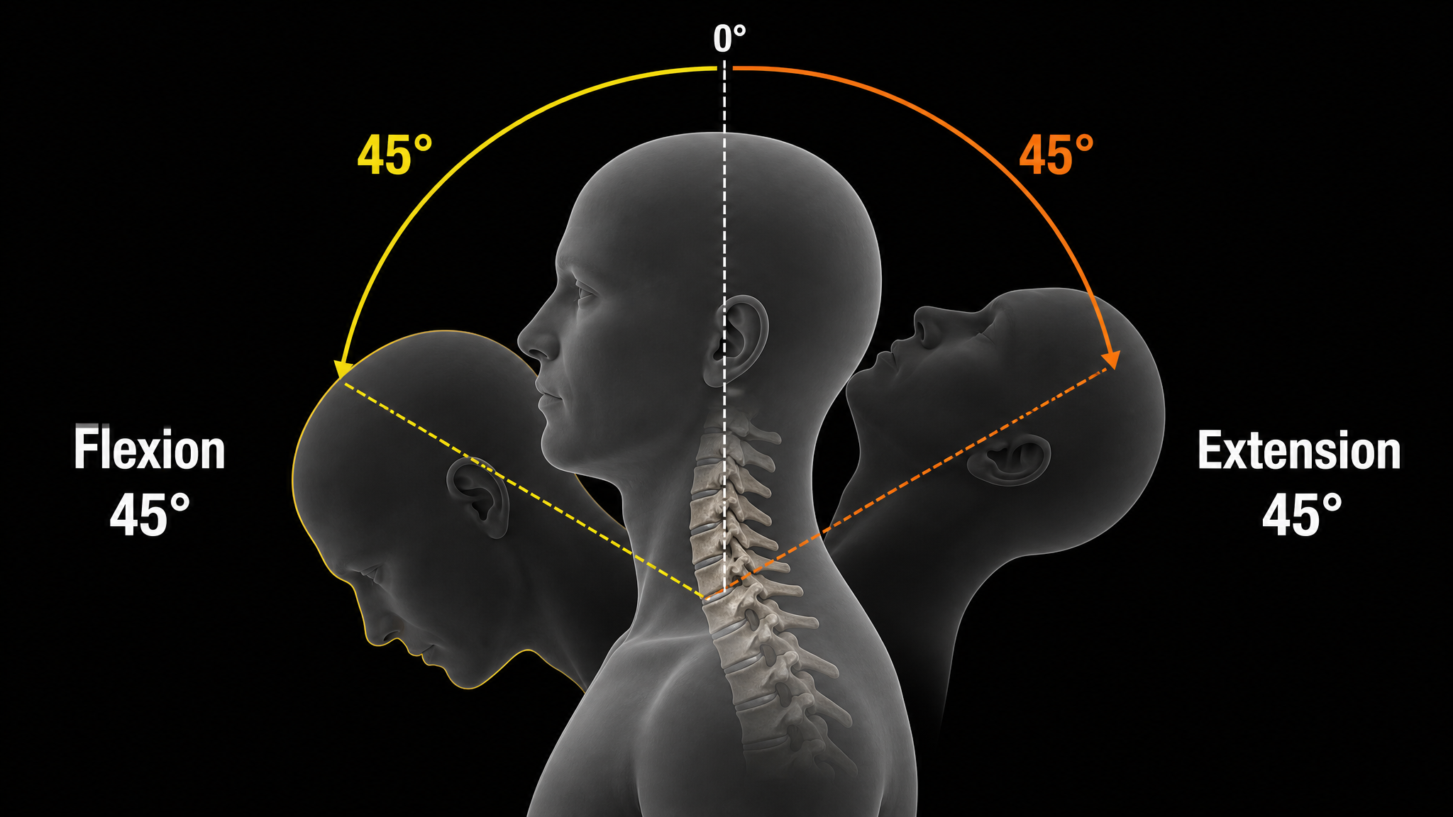 Cervical range-of-motion teaching diagram showing forward flexion at 45 degrees and extension at 45 degrees with labeled measurement arcs