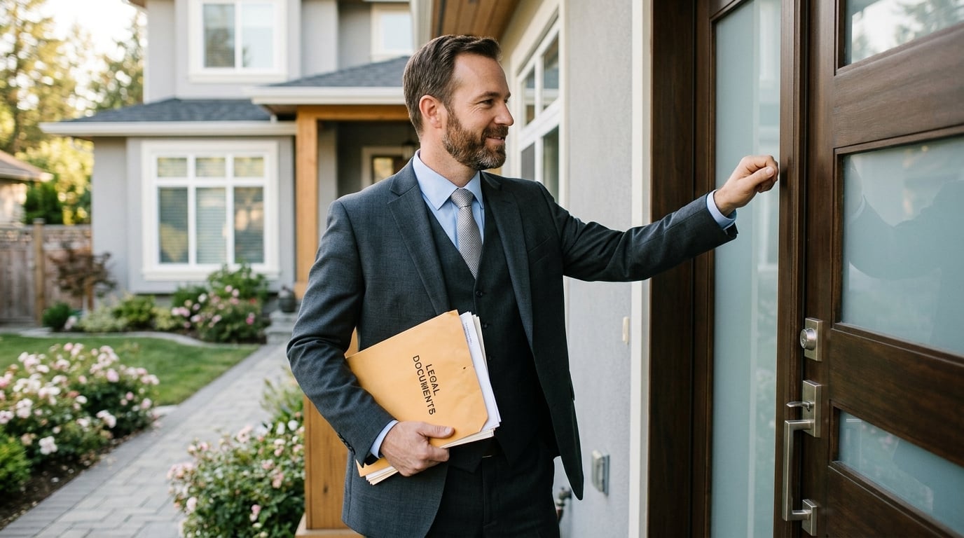 Professional process server delivering legal documents at a residential door