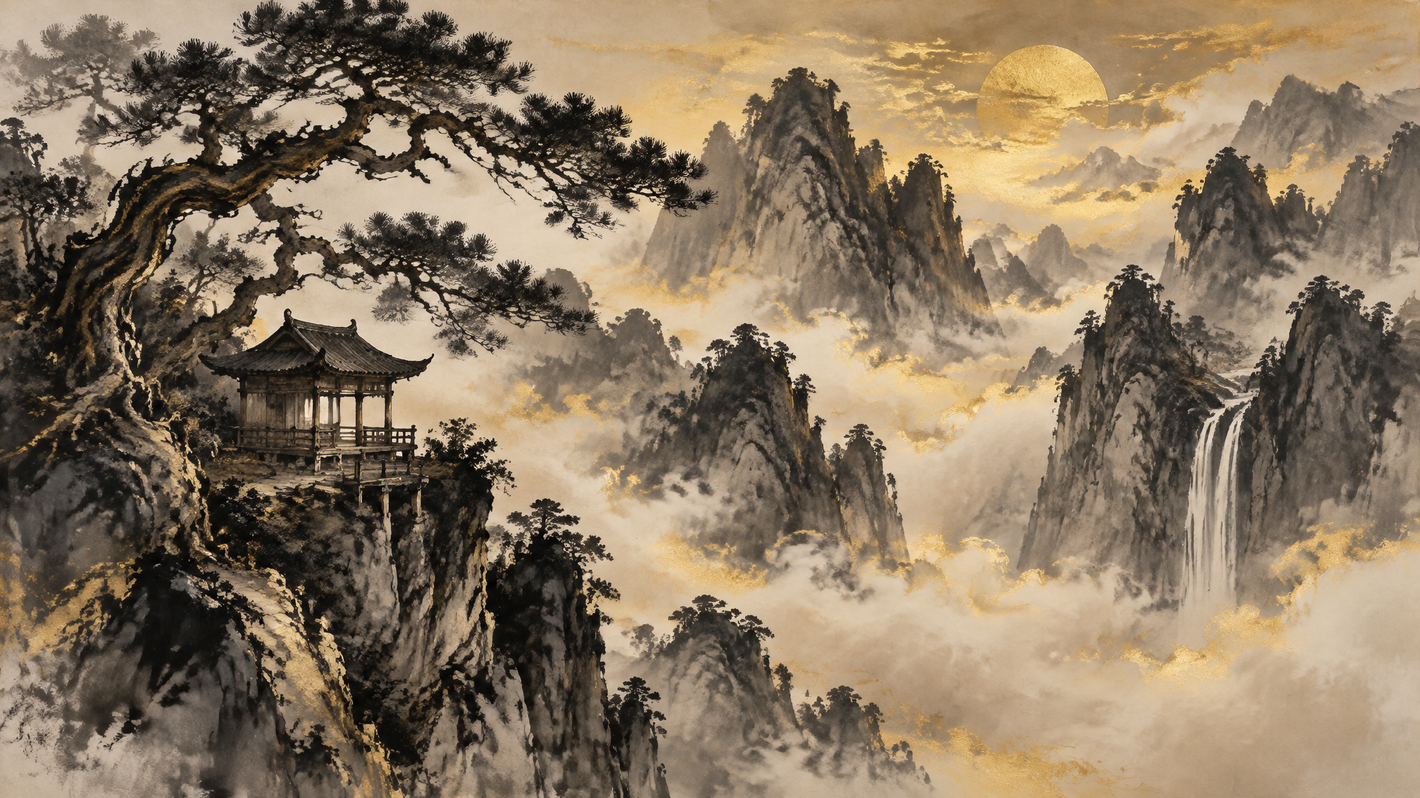 Misty mountain peaks in ink-wash style with a hermit’s pavilion and a gnarled pine