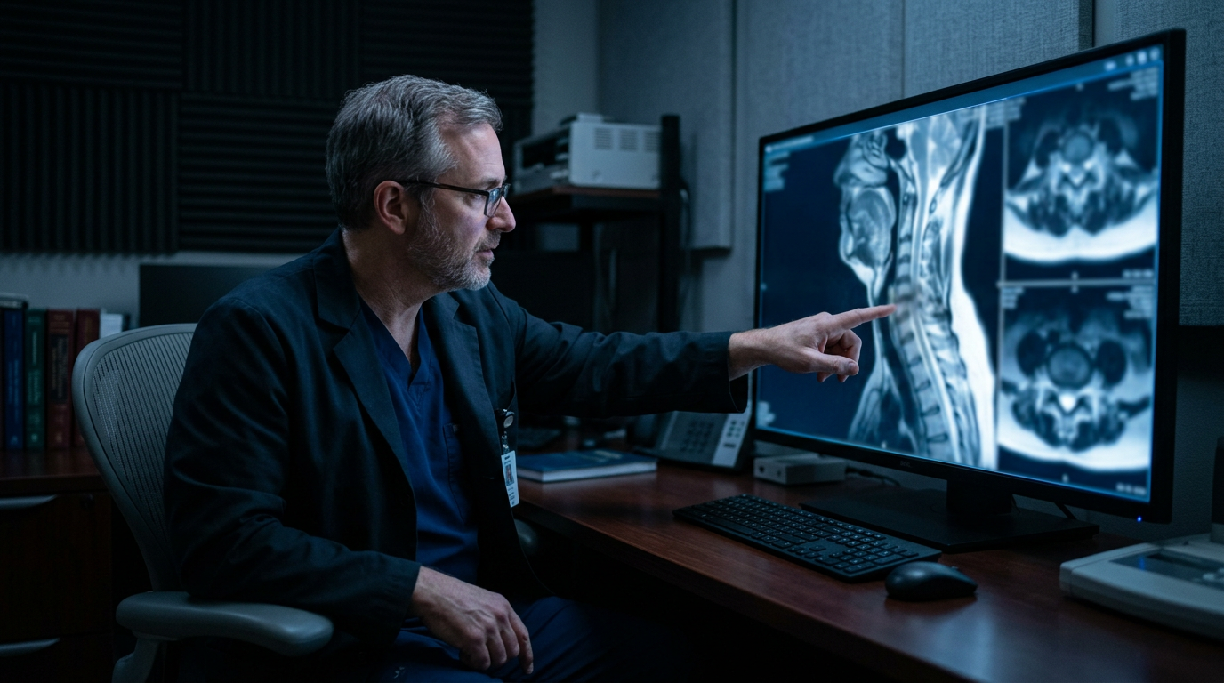 A radiologist in a dark reading room pointing at a cervical spine MRI on a monitor that shows narrowing and compression of the spinal cord