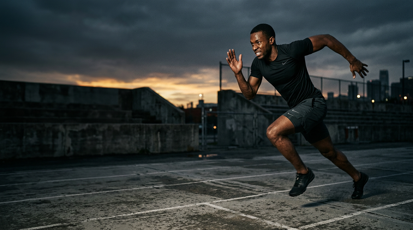 ELEV8 athlete sprinting on an urban track at dusk