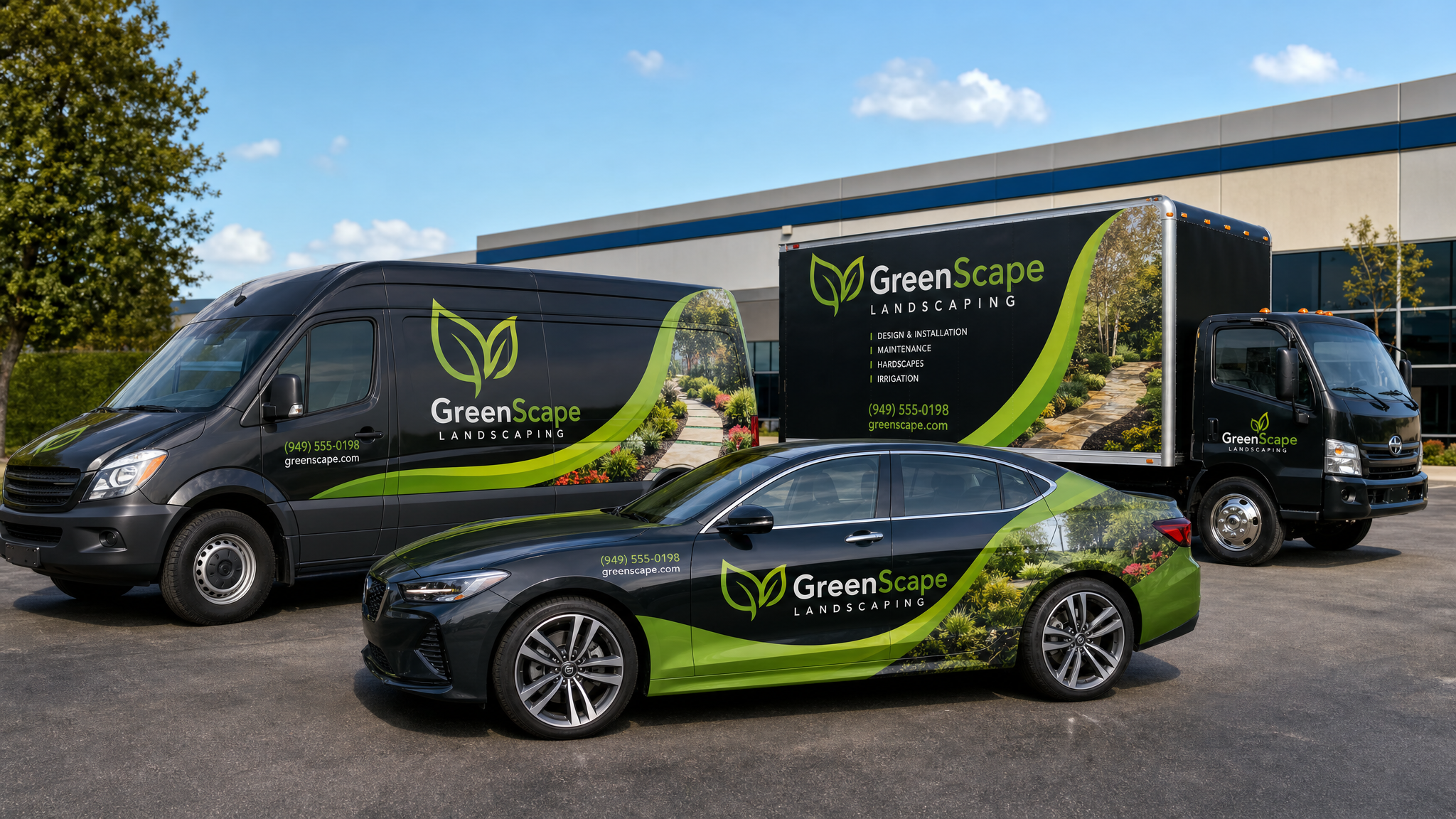 Custom branded vehicle wraps on van, truck, and car